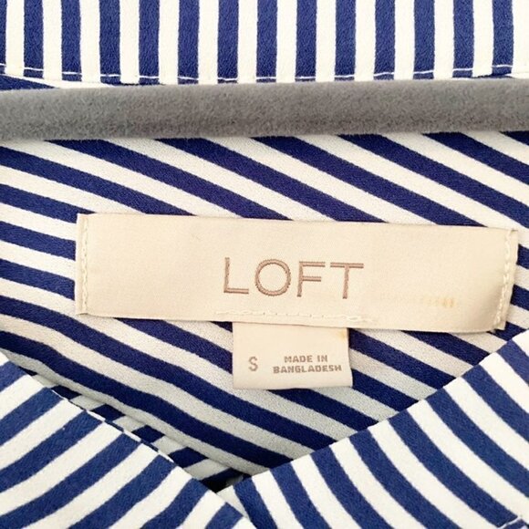 LOFT blue white striped mock collar hidden button front long sleeve top - Picture 2 of 10